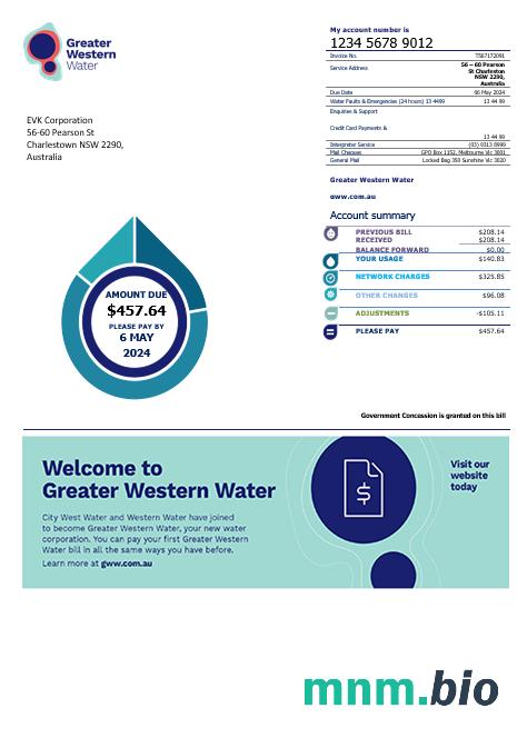 Australia Greater Western Water rachunek za usługi komunalne szablon w